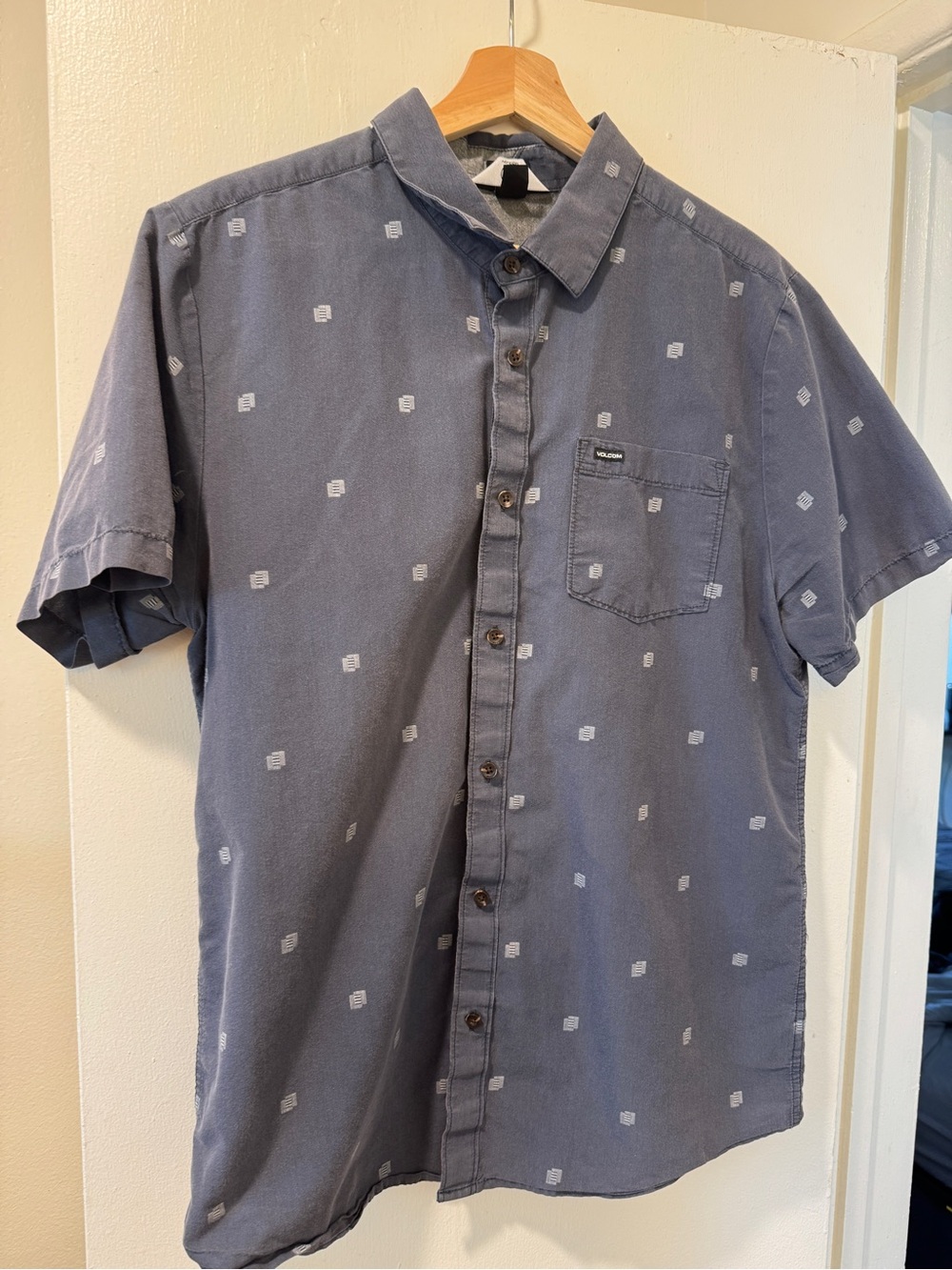 Volcom Navy Short-Sleeve Button-Up Shirt with White Square Print